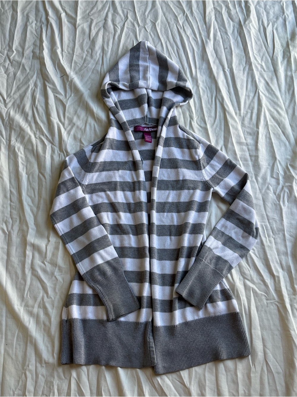Hooded Open-Front Gray and White Striped Cardigan